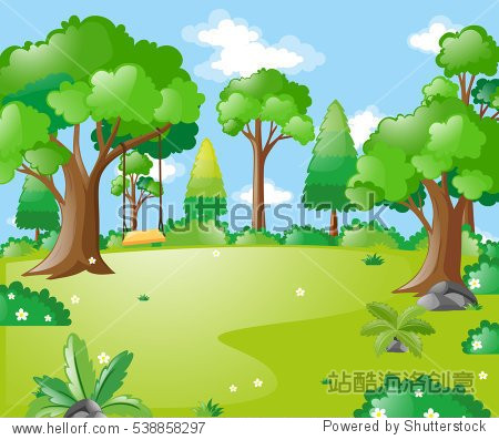 park scene with many trees and swing illustration