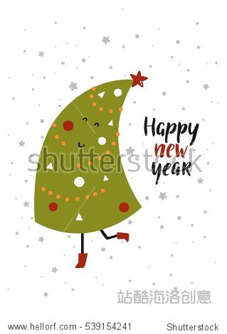 merry christmas card with cute tree and hand drawn letters