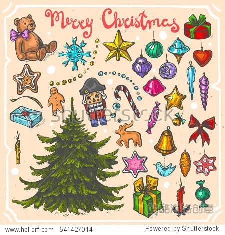 tree christmas toys text merry christmas on background with