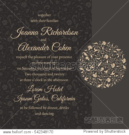 wedding invitation and event card in brown and golden colors.