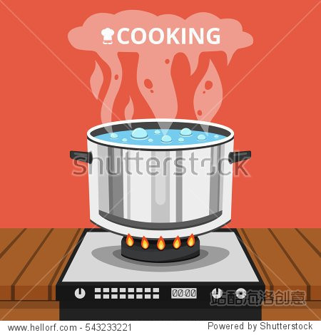 boiling water in pan. cooking pot on stove with water and steam.
