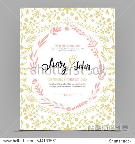 wedding invitation card template design with branches and leaves