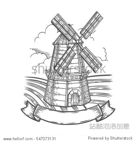 wind mill windmill hand drawn sketch vector engraved