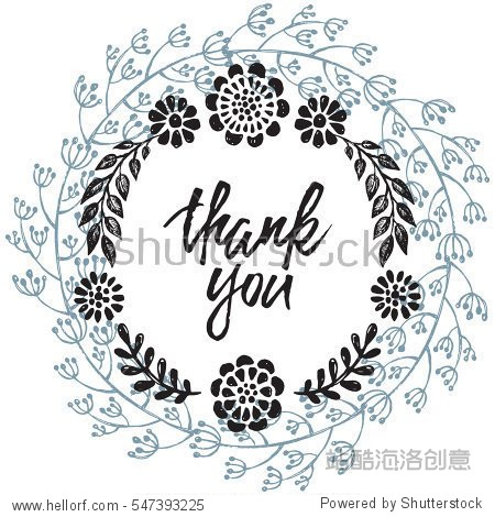 thank you card with hand drawn floral wreath with flowers and