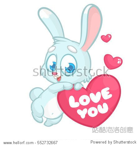 funny cartoon bunny rabbit with heart and text love you.