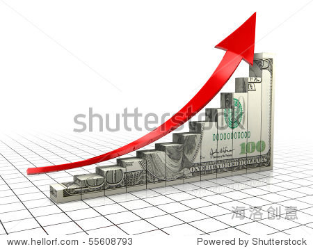 3d illustration of raising charts with dollar texture and upward
