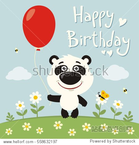 happy birthday! funny panda bear with red balloon