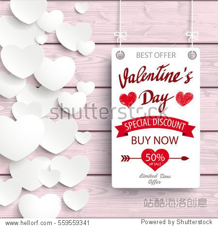 valentines day sale board with hearts on the wooden background.