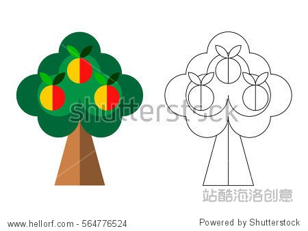 preschool coloring page with apple tree and three