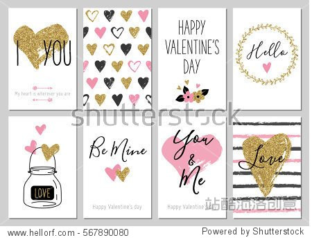 gift tags with gold glitter texture. hand drawn hearts.