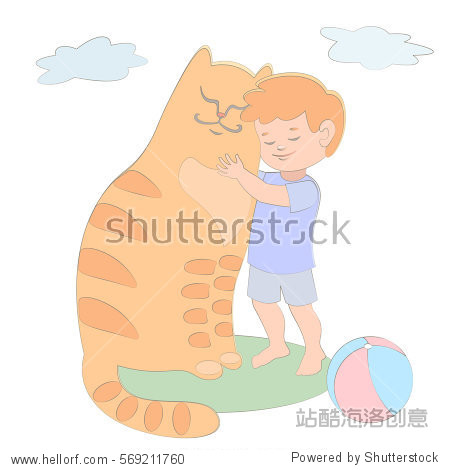 red hair boy and striped cat cuddling tender hugs best friends.
