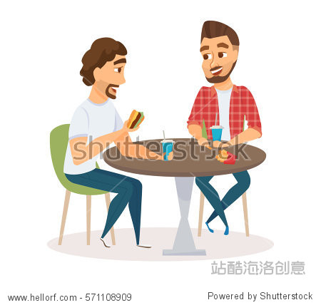 two happy male friends eating fast food meal in bar.
