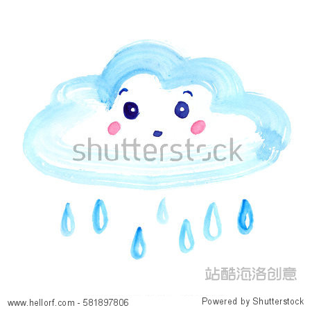 surprised cartoon cloud with raindrops painted in watercolor on