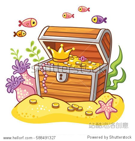 chest with coins and crown treasure chest on sea