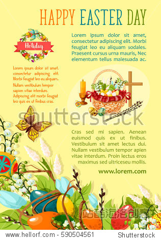decorated easter eggs with spring flowers in wicker basket with