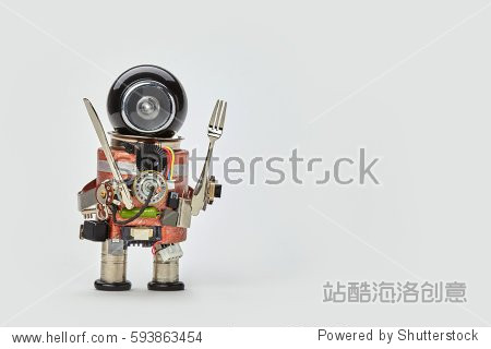 food menu concept with friendly robot black helmet electric