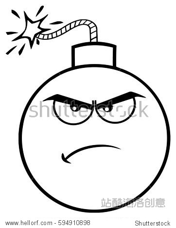 black and white angry bomb face cartoon mascot character with