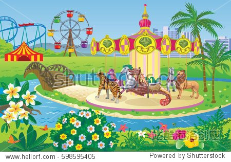 vector illustration of amusement park for kids with a carousel