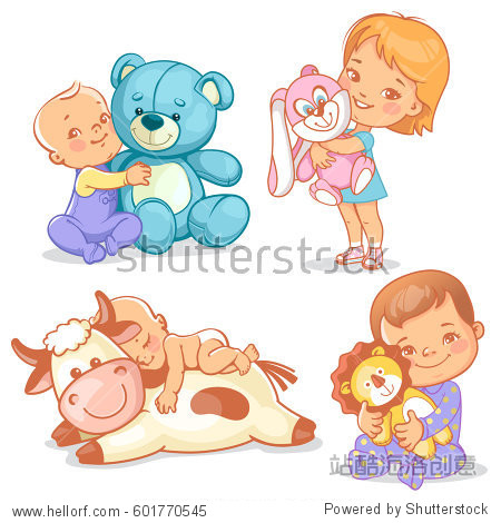 boy hold teddy bear. baby sleep on big toy cow.