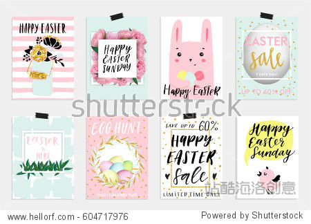 set of spring and easter gift cards and posters with cute