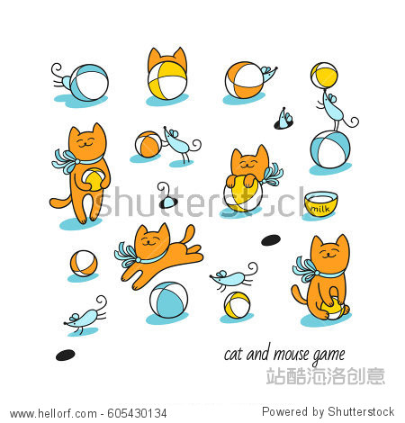 little ginger cat and funny blue mice play with toy balls.