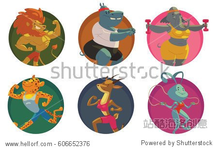 cartoon images of funny animals in the gym: lion hippo elephant