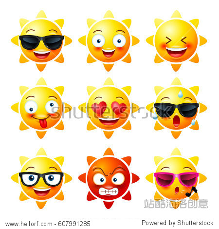 sun smiley face icons or yellow emoticons with emotional funny