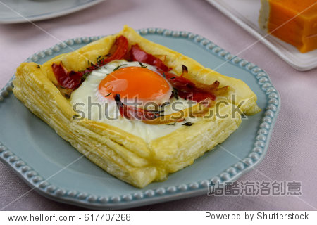 puff pastry with fried egg and vegetable terrine