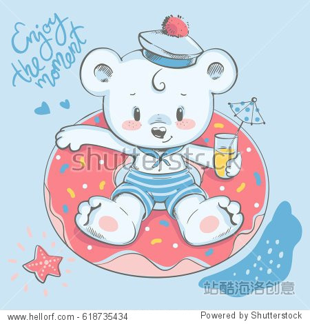 cute bear swimming with ring cartoon hand drawn vector