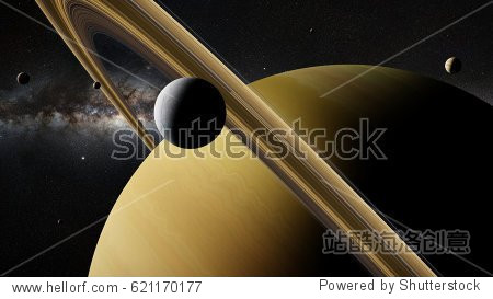 saturn moon enceladus in front of planet saturn rings other