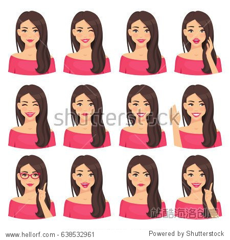 beautiful woman portrait with different facial expressions set