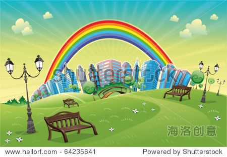 park with rainbow. funny cartoon and vector scene