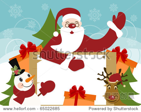 christmas and new years greeting card with santa claus snowman