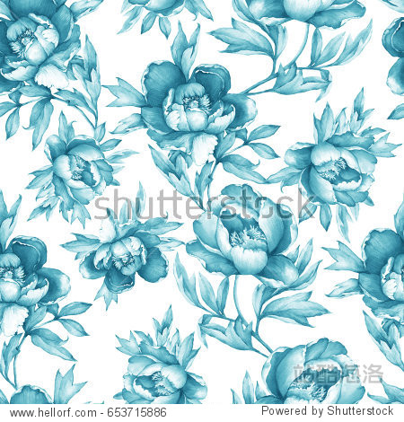 monochrome pattern with flowering peonies on white background