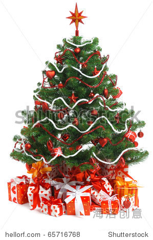 christmas tree with heap of red gift boxes decorated with satin
