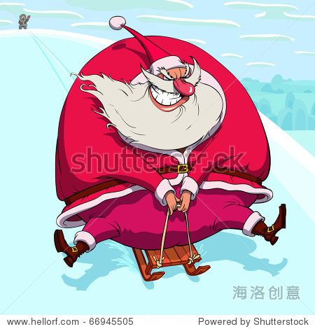 happy santa claus is skating from a hill in a sled