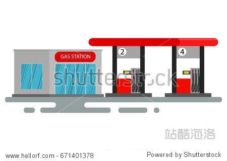 gas station. oil, fueling petrol with shop. flat