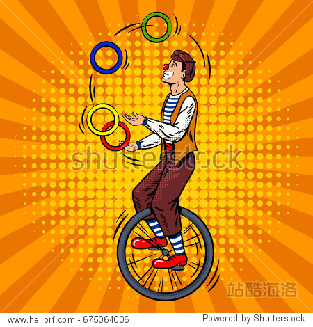 circus juggler on unicycle pop art retro vector illustration.