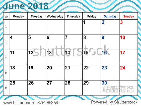 Calendar 2018 month June with public holidays