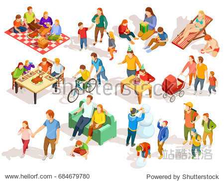 families spending free time with their children in different