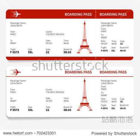 red boarding pass with eiffel tower. vector illustration.