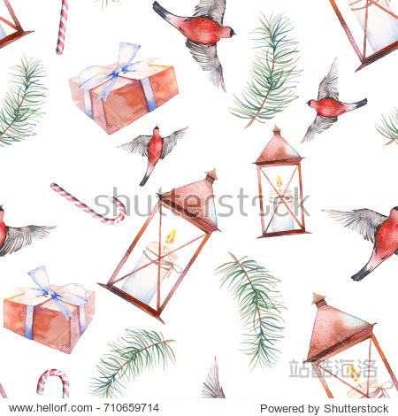 with christmas tree branches, candle lantern, candy, gift box