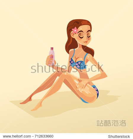 happy smiling woman character on the beach smeared herself with