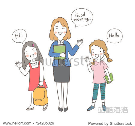 happy girls holding book and teacher greeting say hi hello in