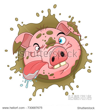 cartoon crazy pig on the dirt background. uncleanness concept.