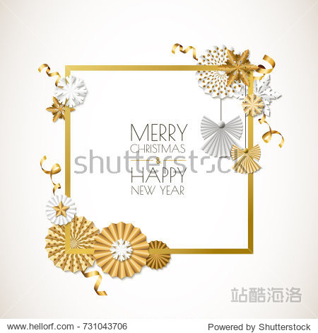 vector holiday frame with golden paper stars ribbons angels and