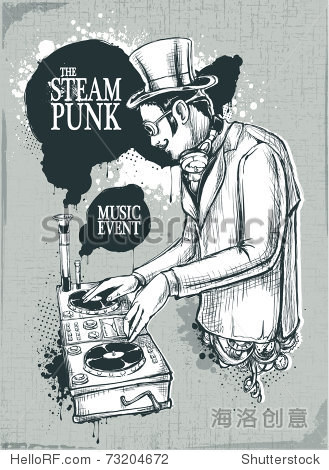 steampunk musical poster with retro styled dj. layered.
