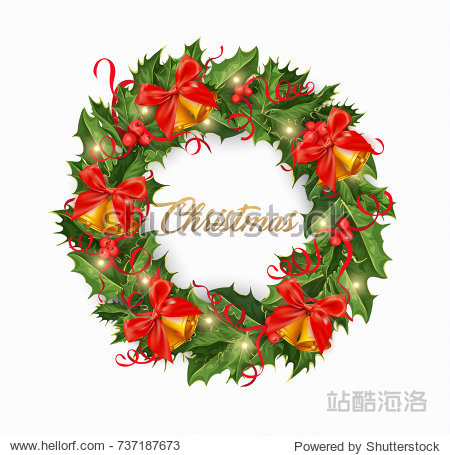 with red bow ribbon and golden bells holiday holly ilex winter