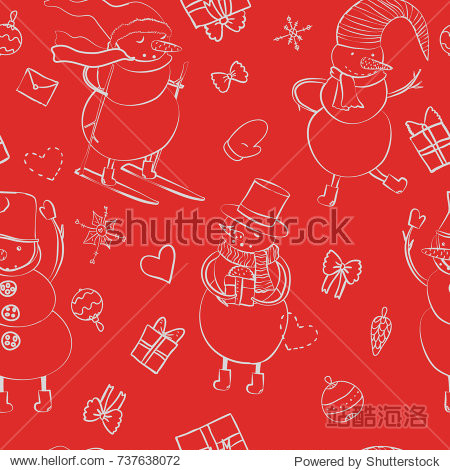 bow christmas toy mitten letter and snowflakes on red background