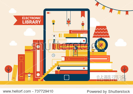 electronic library promotional poster with huge tablet and thick
